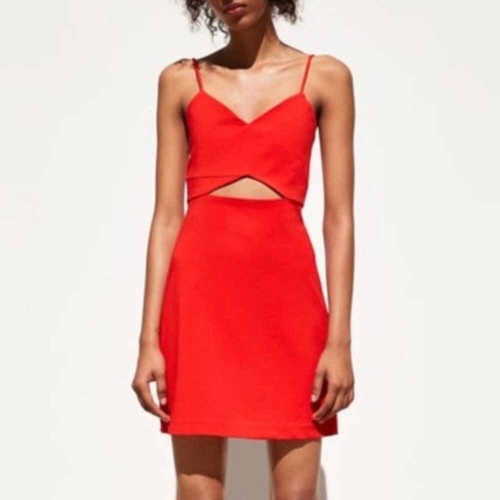 Zara Red Orange Spaghetti Strap Cut Out Cocktail Mini Dress Medium Cotton‎ Blend